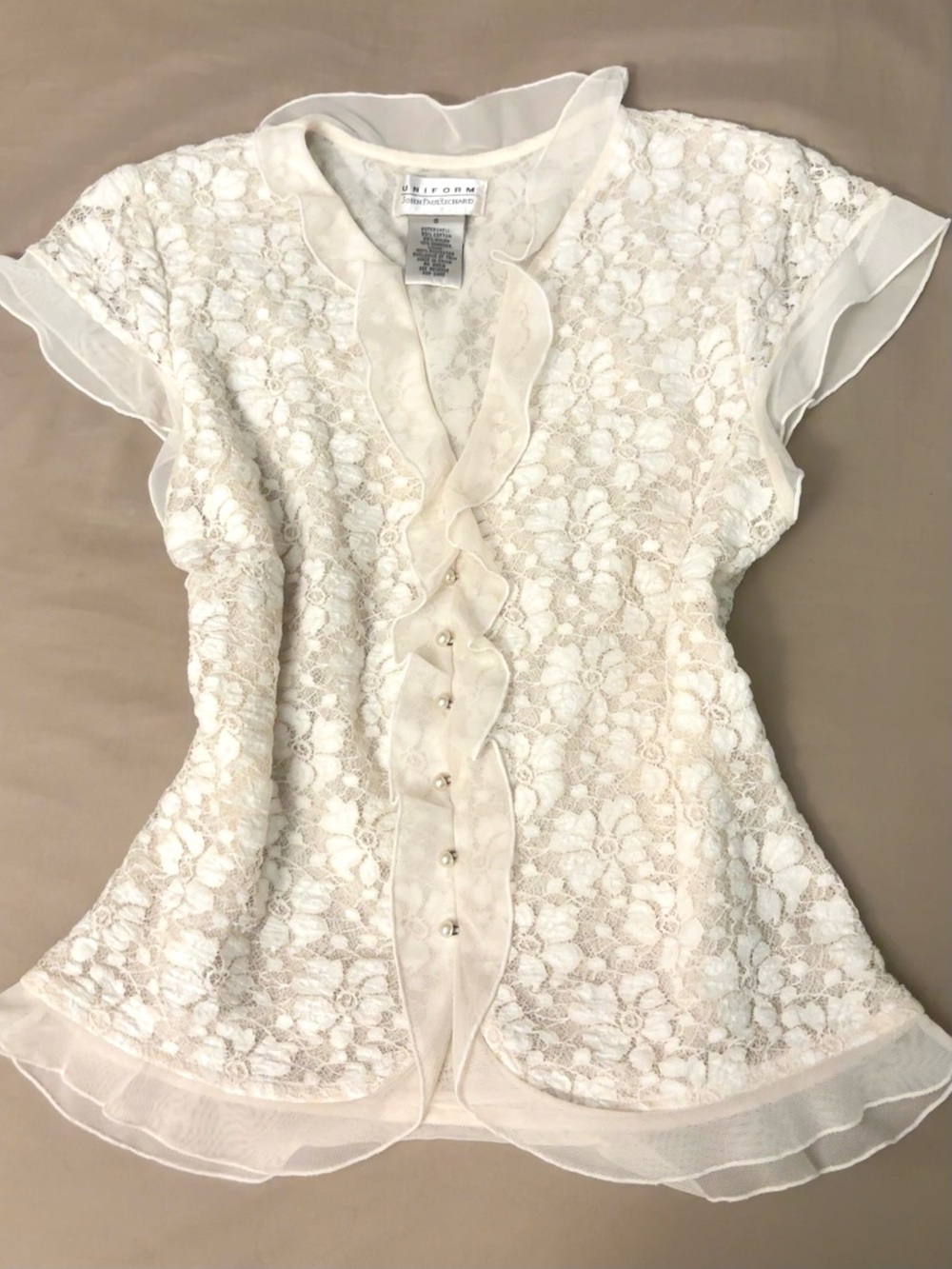 Vintage John Paul Richard Cream Lace Ruffle Short Sleeve Blouse